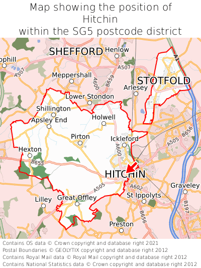 Map showing location of Hitchin within SG5