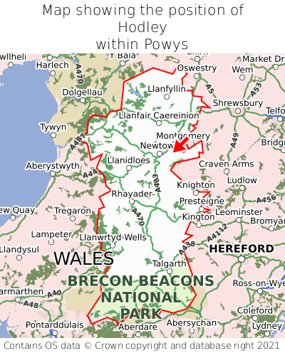 Map showing location of Hodley within Powys