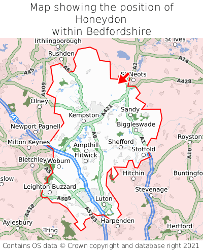 Map showing location of Honeydon within Bedfordshire