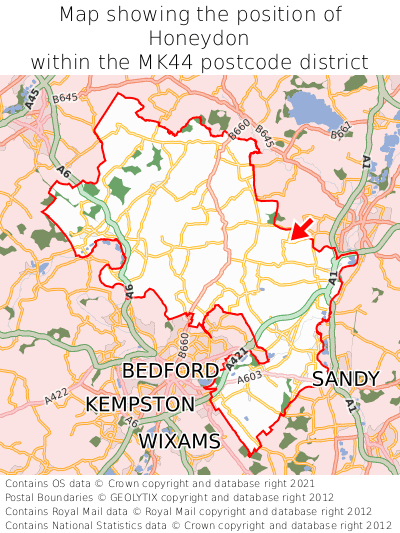 Map showing location of Honeydon within MK44