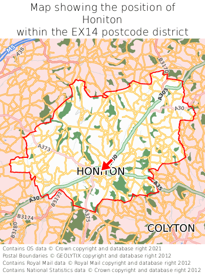 Map showing location of Honiton within EX14