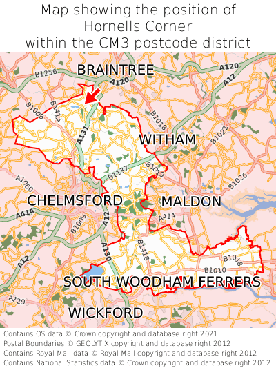 Map showing location of Hornells Corner within CM3