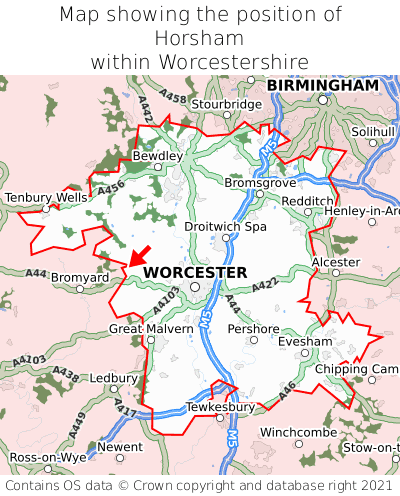 Map showing location of Horsham within Worcestershire