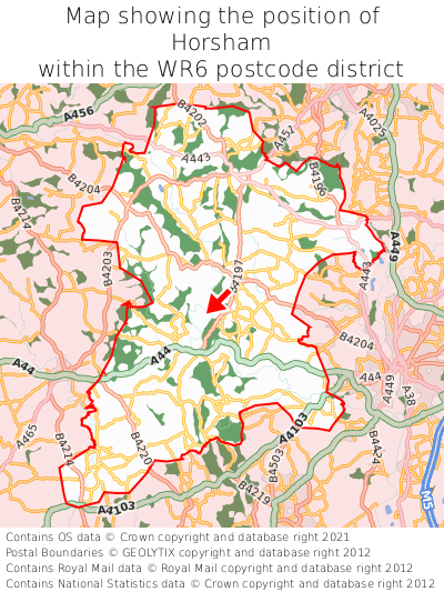 Map showing location of Horsham within WR6