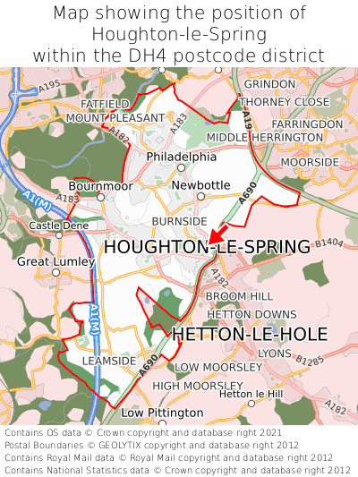 Map showing location of Houghton-le-Spring within DH4