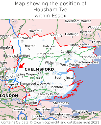 Map showing location of Housham Tye within Essex
