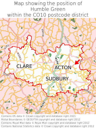 Map showing location of Humble Green within CO10