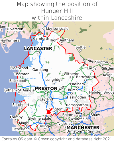 Map showing location of Hunger Hill within Lancashire