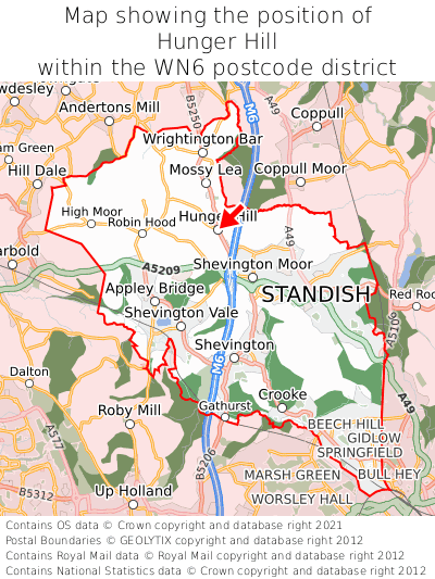 Map showing location of Hunger Hill within WN6