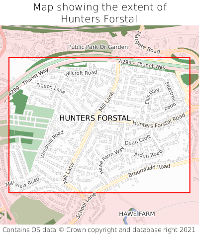 Map showing extent of Hunters Forstal as bounding box