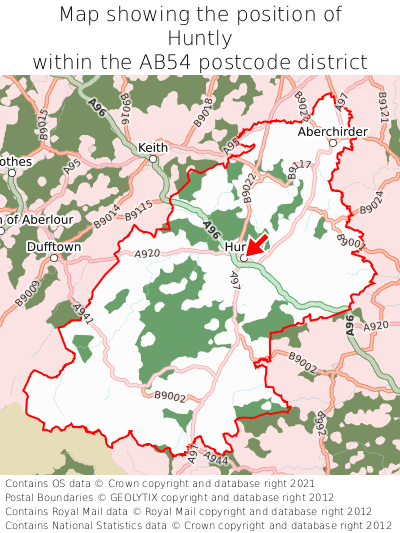 Map showing location of Huntly within AB54