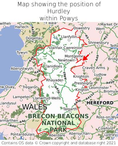 Map showing location of Hurdley within Powys