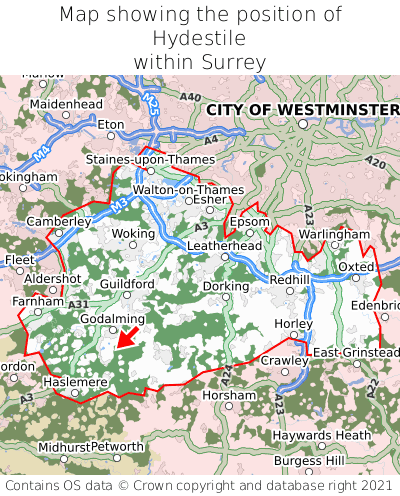 Map showing location of Hydestile within Surrey