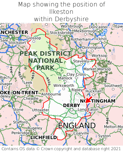 Map showing location of Ilkeston within Derbyshire
