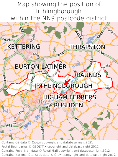 Map showing location of Irthlingborough within NN9