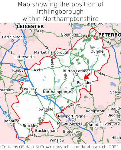 Map showing location of Irthlingborough within Northamptonshire