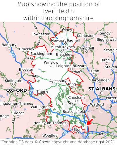 Map showing location of Iver Heath within Buckinghamshire