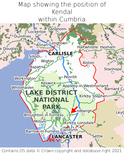 Map showing location of Kendal within Cumbria
