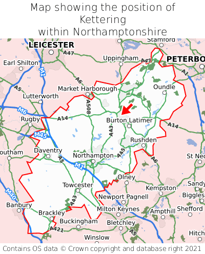 Map showing location of Kettering within Northamptonshire