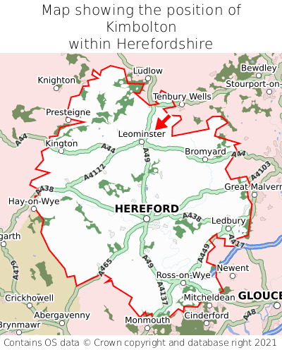 Map showing location of Kimbolton within Herefordshire