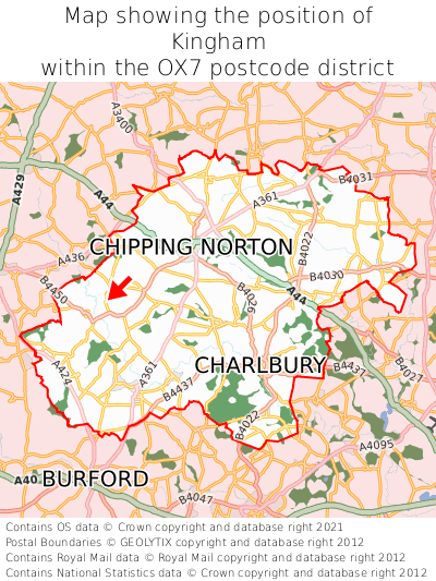 Map showing location of Kingham within OX7