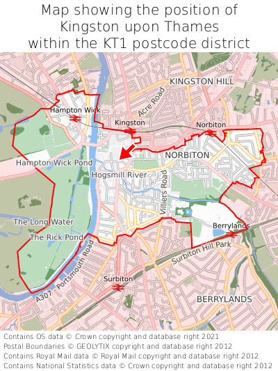Map showing location of Kingston upon Thames within KT1
