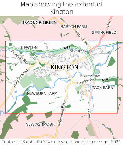 Map showing extent of Kington as bounding box