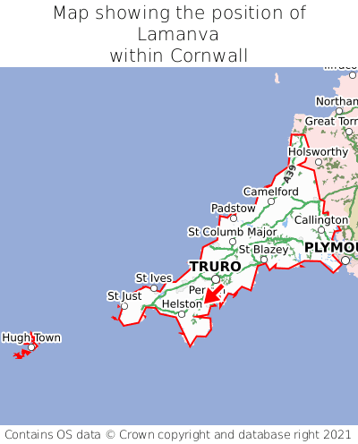 Map showing location of Lamanva within Cornwall