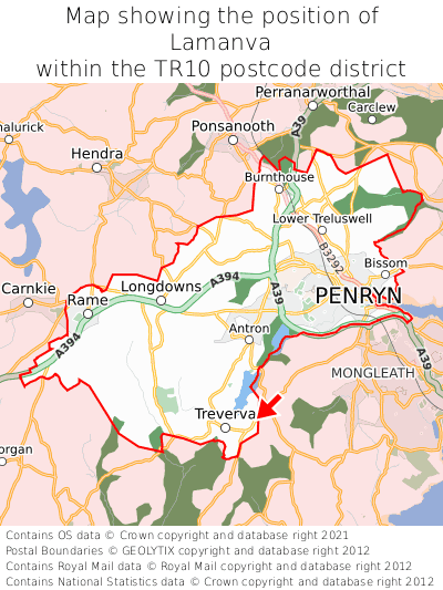 Map showing location of Lamanva within TR10