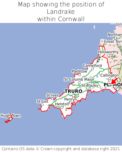 Map showing location of Landrake within Cornwall