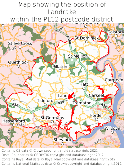 Map showing location of Landrake within PL12