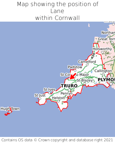 Map showing location of Lane within Cornwall