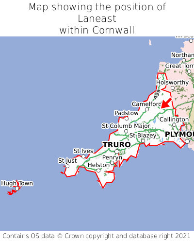 Map showing location of Laneast within Cornwall