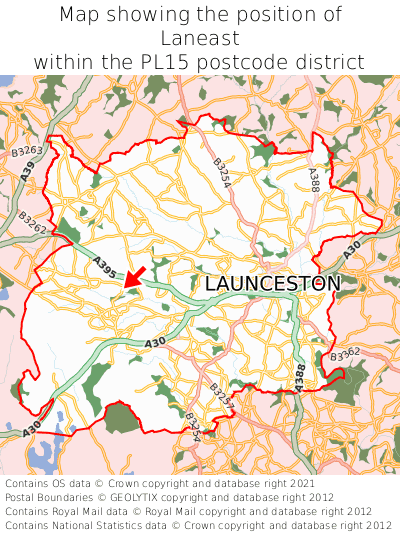 Map showing location of Laneast within PL15