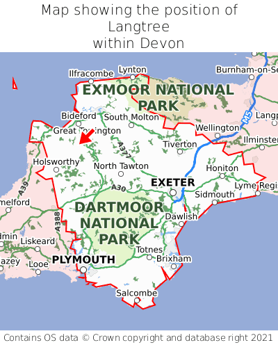 Map showing location of Langtree within Devon