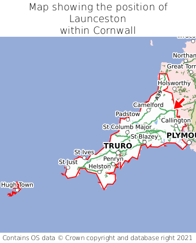 Map showing location of Launceston within Cornwall