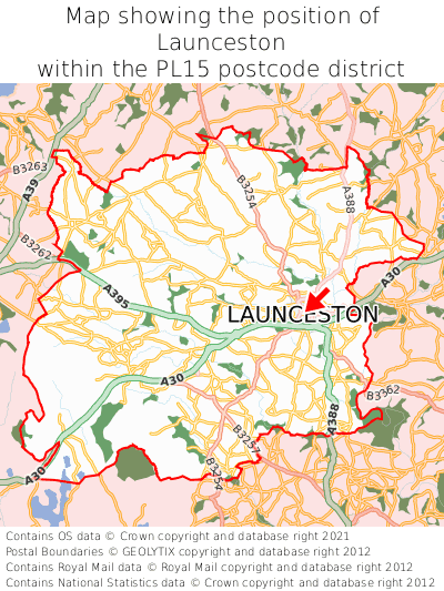 Map showing location of Launceston within PL15