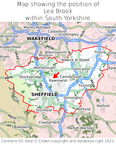 Map showing location of Lea Brook within South Yorkshire