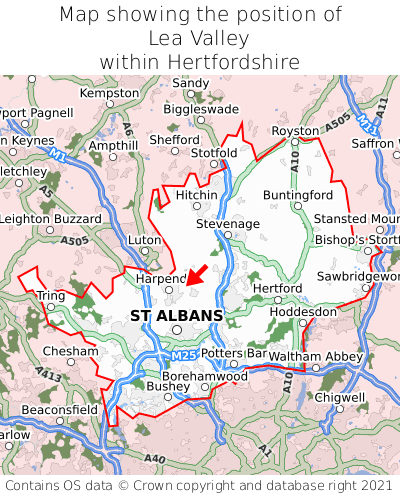 Map showing location of Lea Valley within Hertfordshire