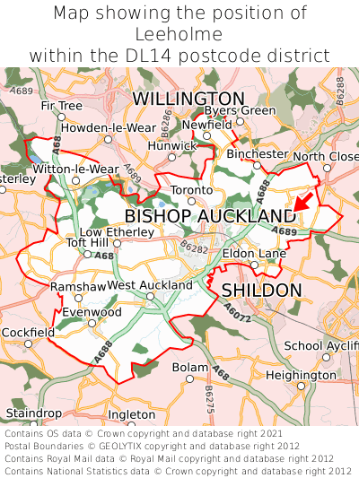 Map showing location of Leeholme within DL14