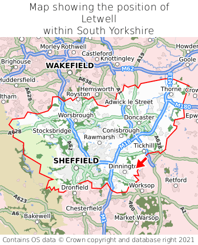 Map showing location of Letwell within South Yorkshire