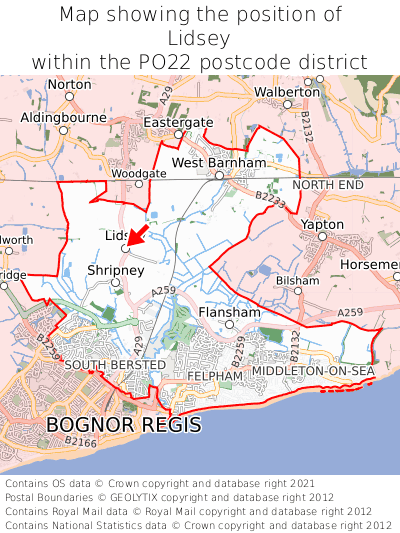 Map showing location of Lidsey within PO22