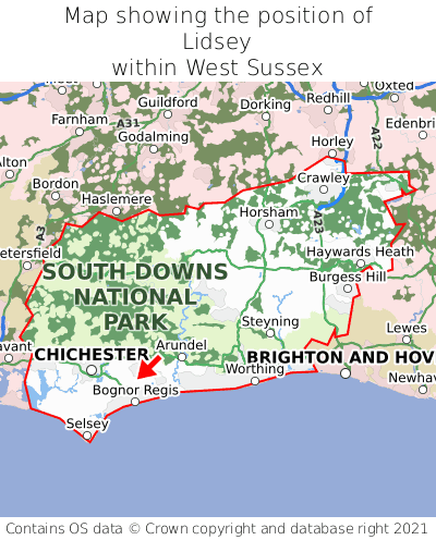 Map showing location of Lidsey within West Sussex