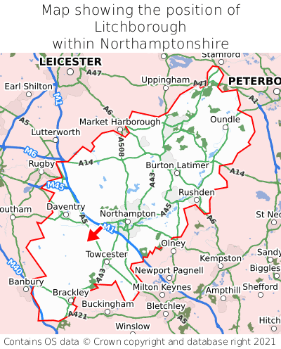 Map showing location of Litchborough within Northamptonshire