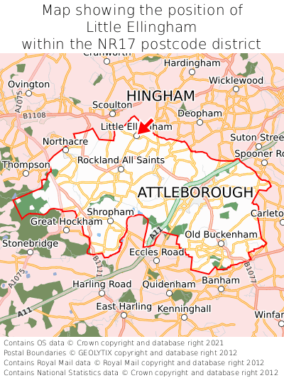 Map showing location of Little Ellingham within NR17