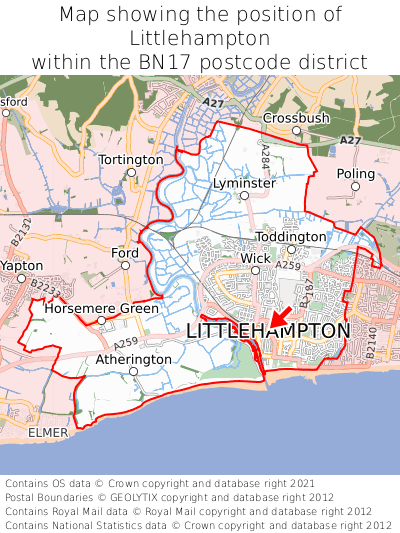 Map showing location of Littlehampton within BN17