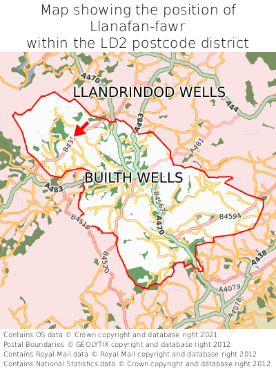 Map showing location of Llanafan-fawr within LD2