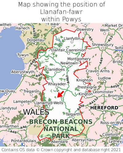 Map showing location of Llanafan-fawr within Powys