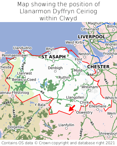 Map showing location of Llanarmon Dyffryn Ceiriog within Clwyd