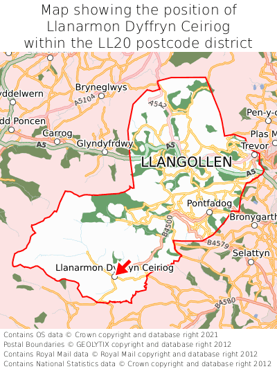 Map showing location of Llanarmon Dyffryn Ceiriog within LL20